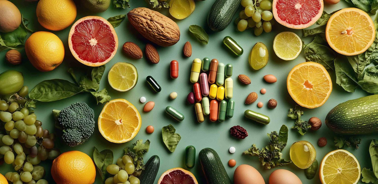 Vitaminas essenciais para o corpo em cápsulas e nos alimentos.